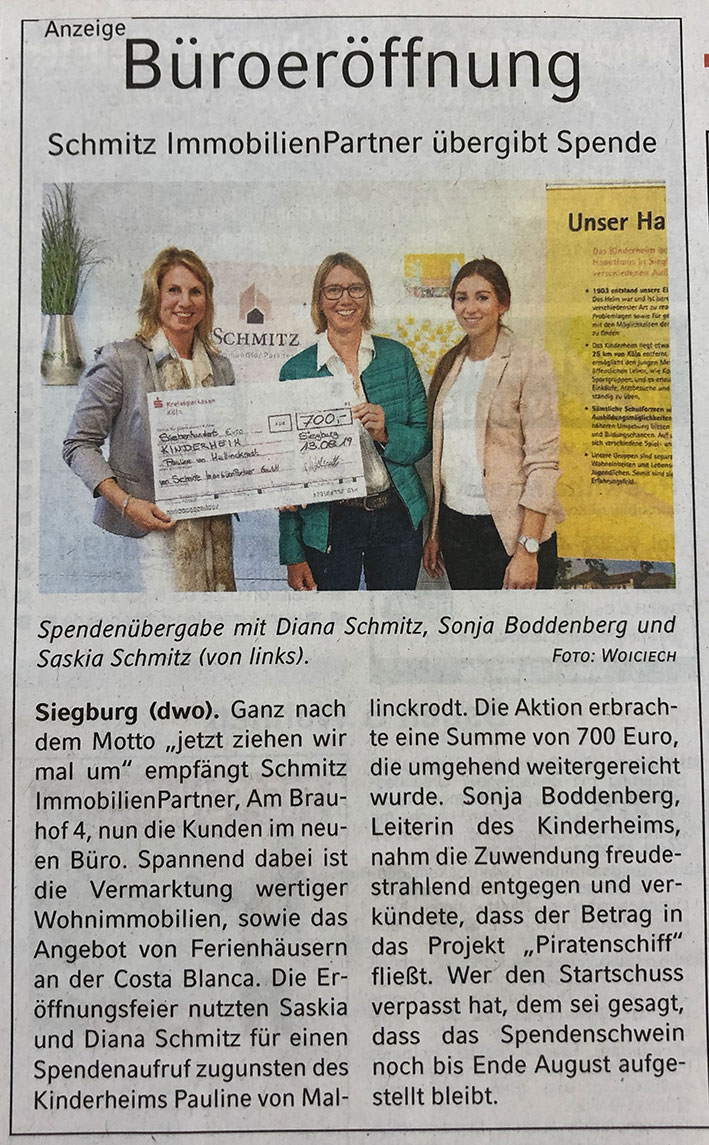 Spendenübergabe Schmitz ImmobilienPartner